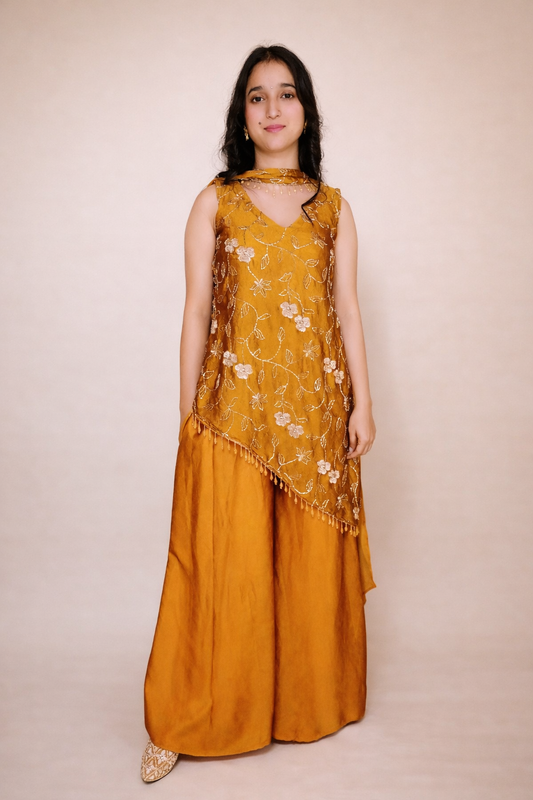 Saanvi Plazo Set - Mustard Gold Embroidered Ethnic Wear