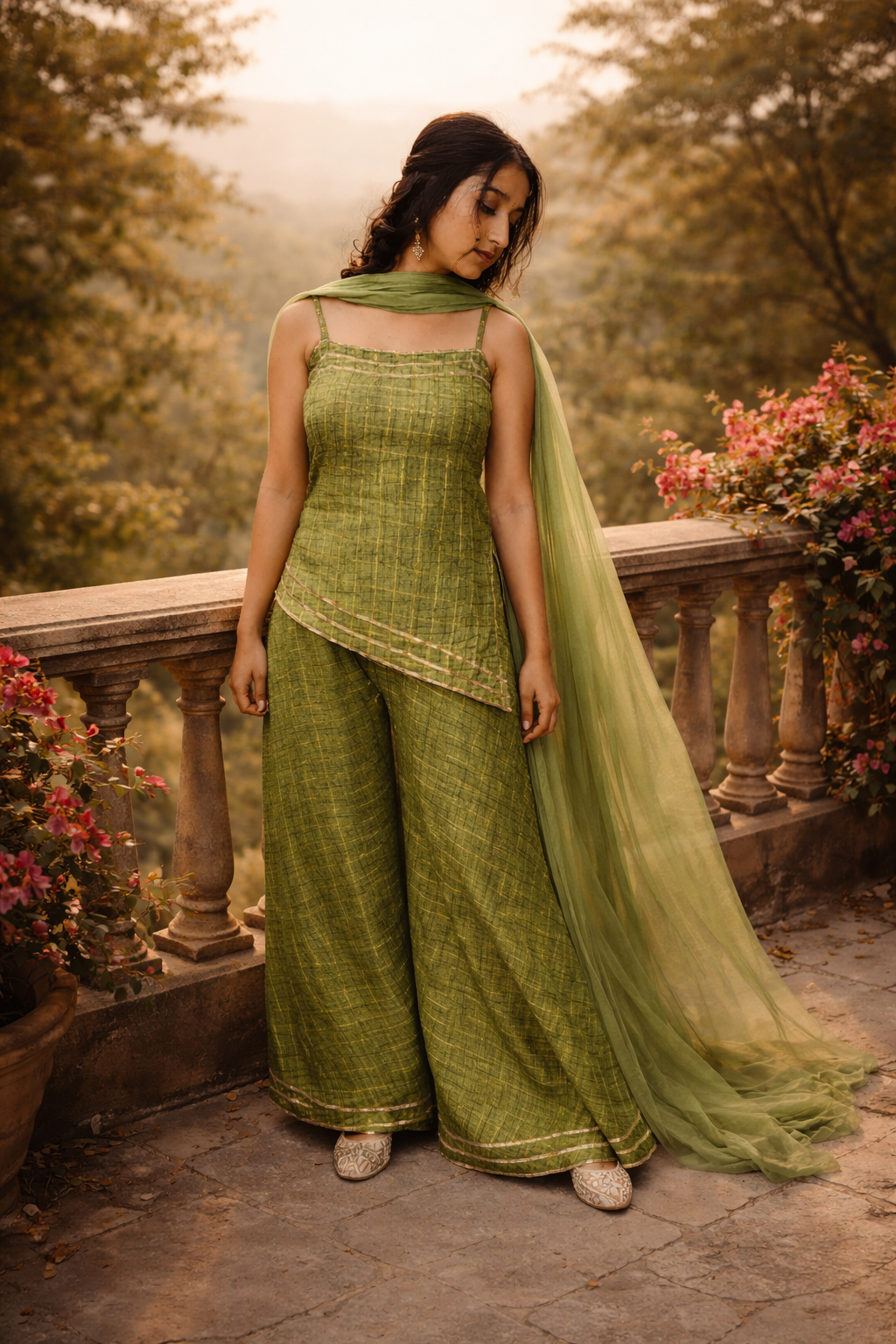 Woman in a green traditional outfit standing on a stone path with flowers and trees in the background
